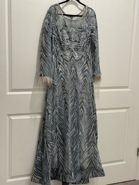 Elegant Beaded Long Sleeve Evening Dress in Dusty Blue